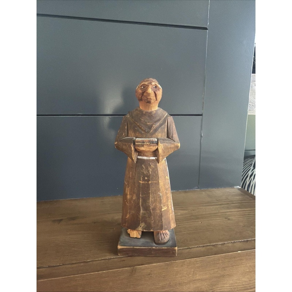 Vintage Hand Carved Wood Monk Figurine 7.75" Religious Folk Art Sculpture READ